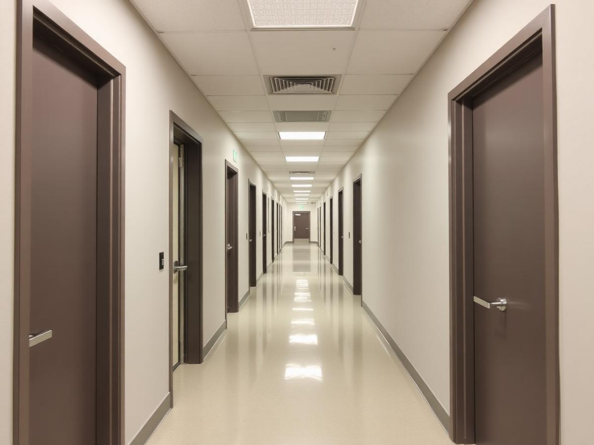 Doors and hardware in a finished corridor