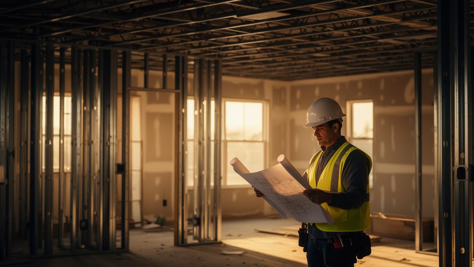 Commercial construction site with metal stud framing